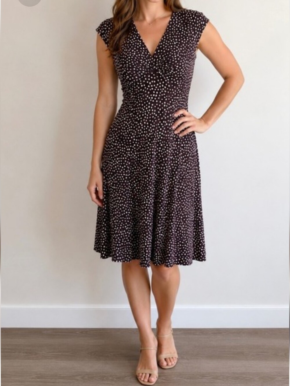 Chaps Brown/White Polka-Dot Jersey Knit Fit & Flare Cap Slv Knee Length Dress LG